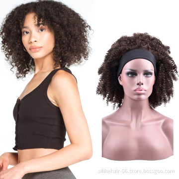 Wholesale 14inch African Cosplay Black Brown Fluffy Short Wrap Hair Headband Pre-attached Scarf Afro Kinky Curly Synthetic Wigs